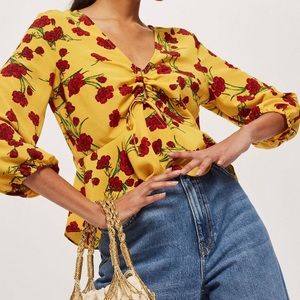Topshop Floral Print Ruched Keyhole Blouse